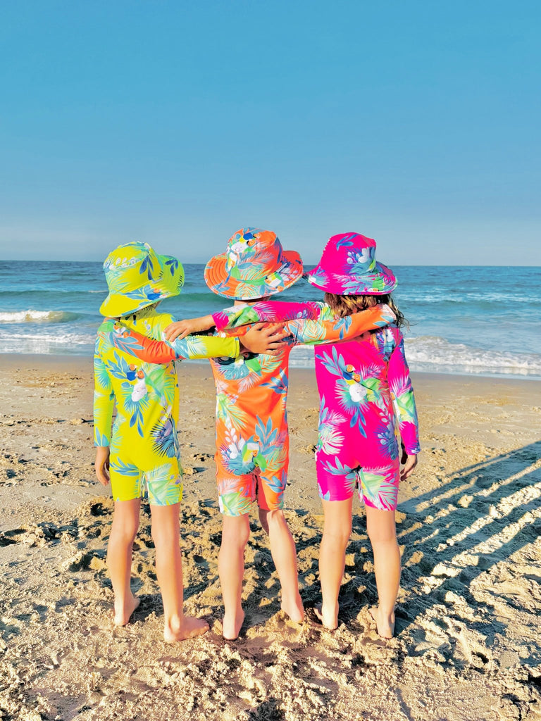Toddler UV Suit With Snaps - Finch Fiesta | Bright Pink (Unisex age 1 - 5) - Tribe Tropical