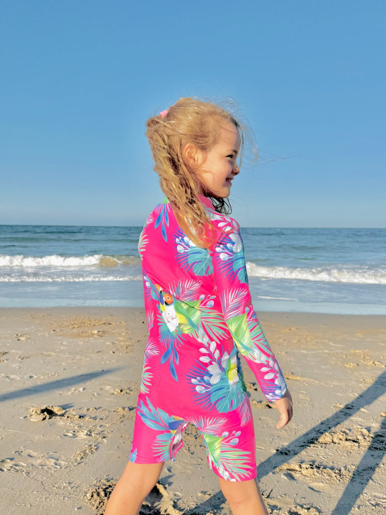 Toddler UV Suit With Snaps - Finch Fiesta | Bright Pink (Unisex age 1 - 5) - Tribe Tropical