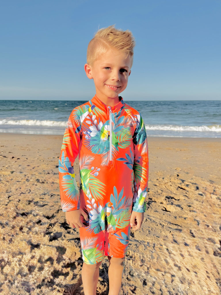Toddler UV Suit With Snaps - Finch Fiesta | Neon Orange (Unisex age 1 - 5) - Tribe Tropical