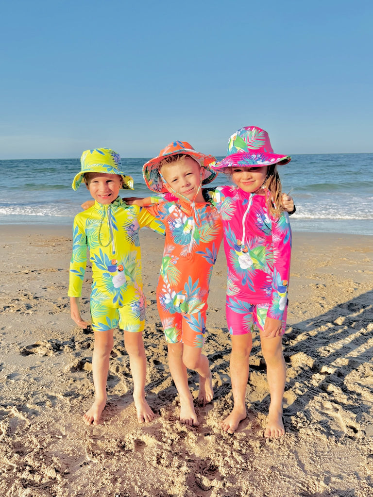 Toddler UV Suit With Snaps - Finch Fiesta | Neon Orange (Unisex age 1 - 5) - Tribe Tropical