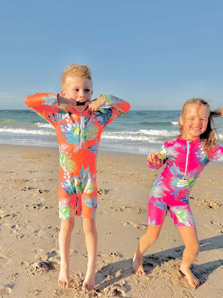 Toddler UV Suit With Snaps - Finch Fiesta | Neon Orange (Unisex age 1 - 5) - Tribe Tropical