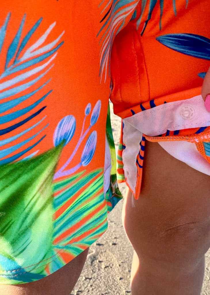 Toddler UV Suit With Snaps - Finch Fiesta | Neon Orange (Unisex age 1 - 5) - Tribe Tropical