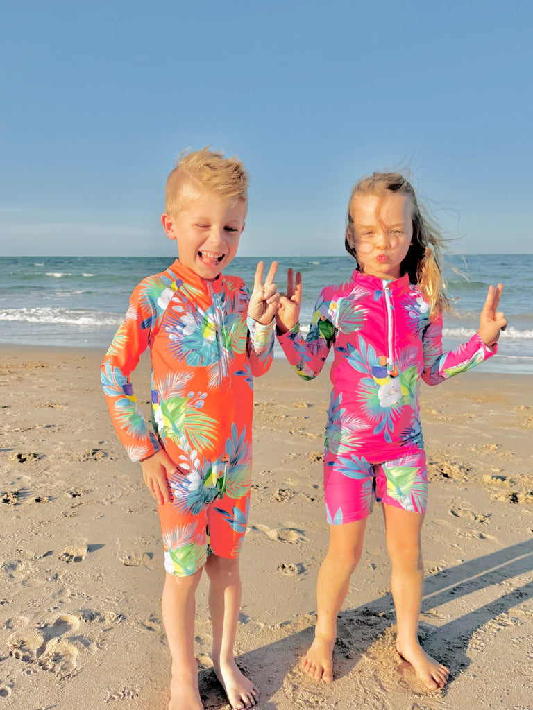 Toddler UV Suit With Snaps - Finch Fiesta | Neon Orange (Unisex age 1 - 5) - Tribe Tropical