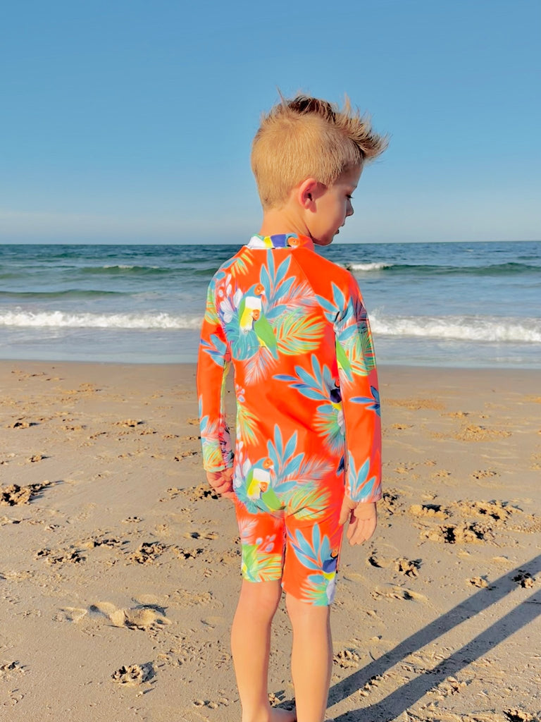 Toddler UV Suit With Snaps - Finch Fiesta | Neon Orange (Unisex age 1 - 5) - Tribe Tropical