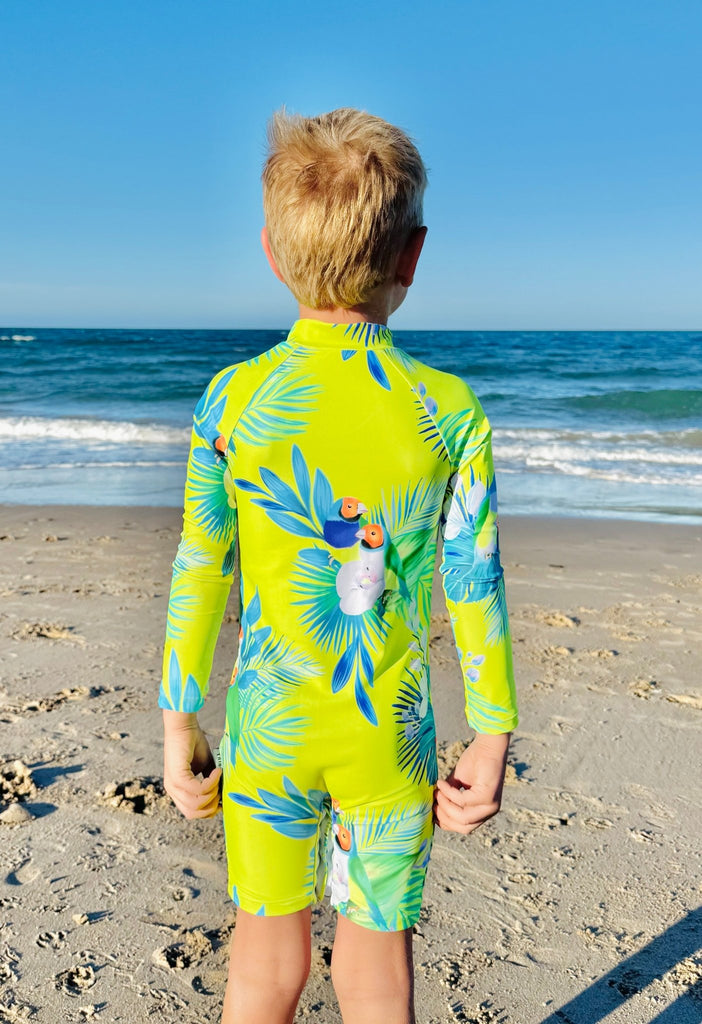Toddler UV Suit With Snaps - Finch Fiesta | Neon Yellow (Unisex age 1 - 5) - Tribe Tropical