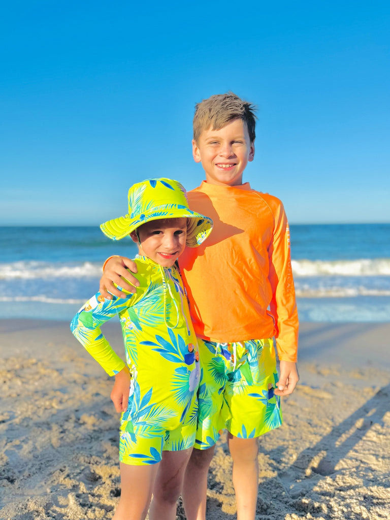 Toddler UV Suit With Snaps - Finch Fiesta | Neon Yellow (Unisex age 1 - 5) - Tribe Tropical