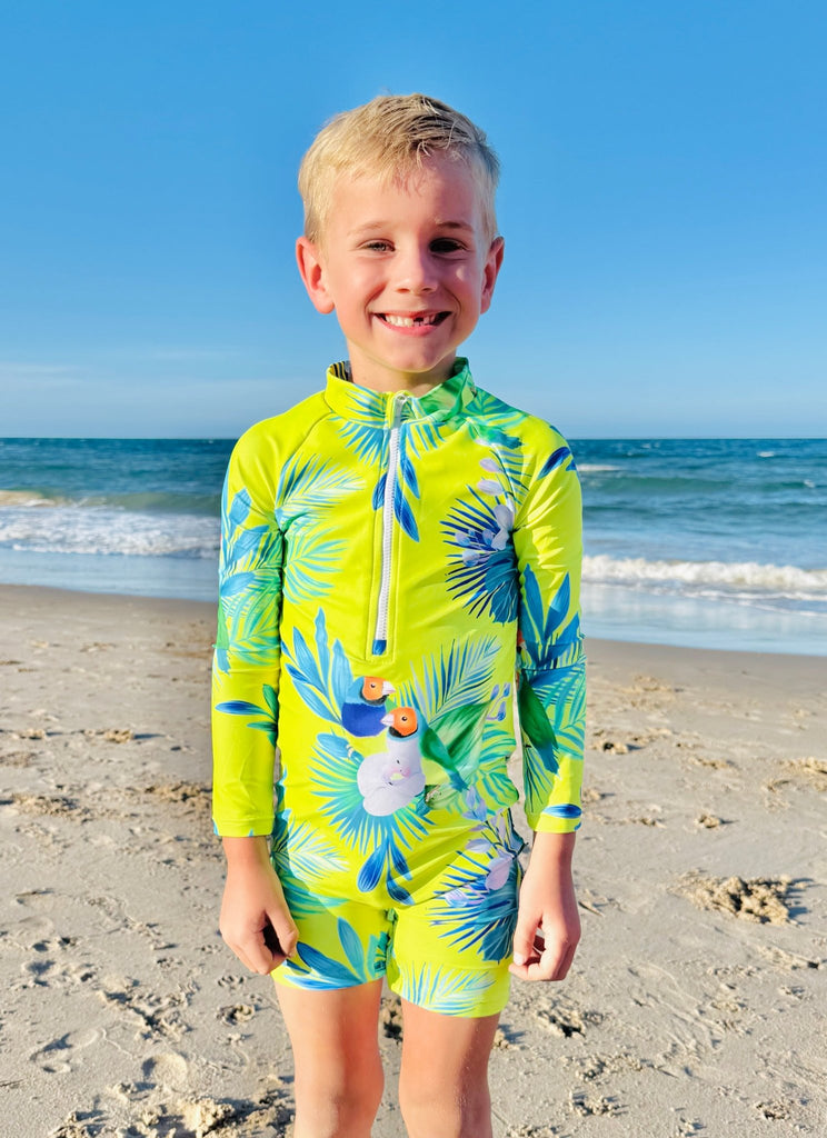 Toddler UV Suit With Snaps - Finch Fiesta | Neon Yellow (Unisex age 1 - 5) - Tribe Tropical