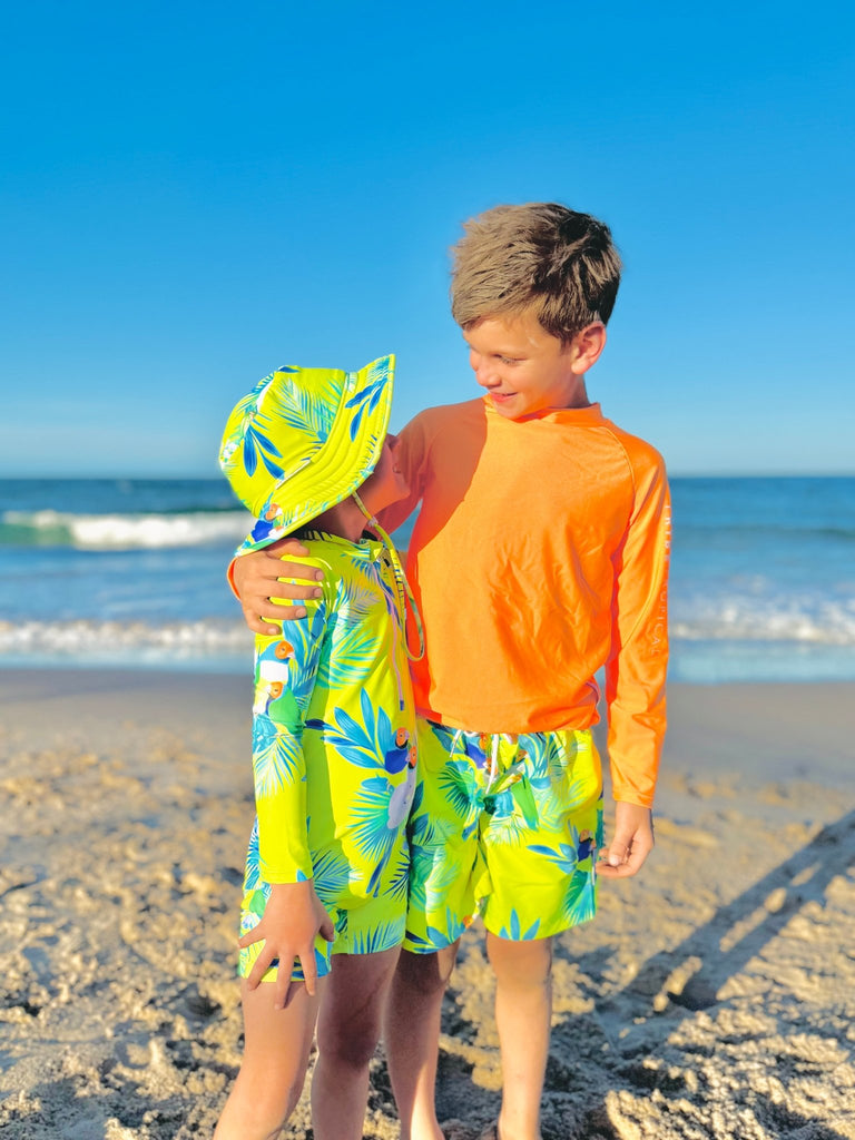 Toddler UV Suit With Snaps - Finch Fiesta | Neon Yellow (Unisex age 1 - 5) - Tribe Tropical