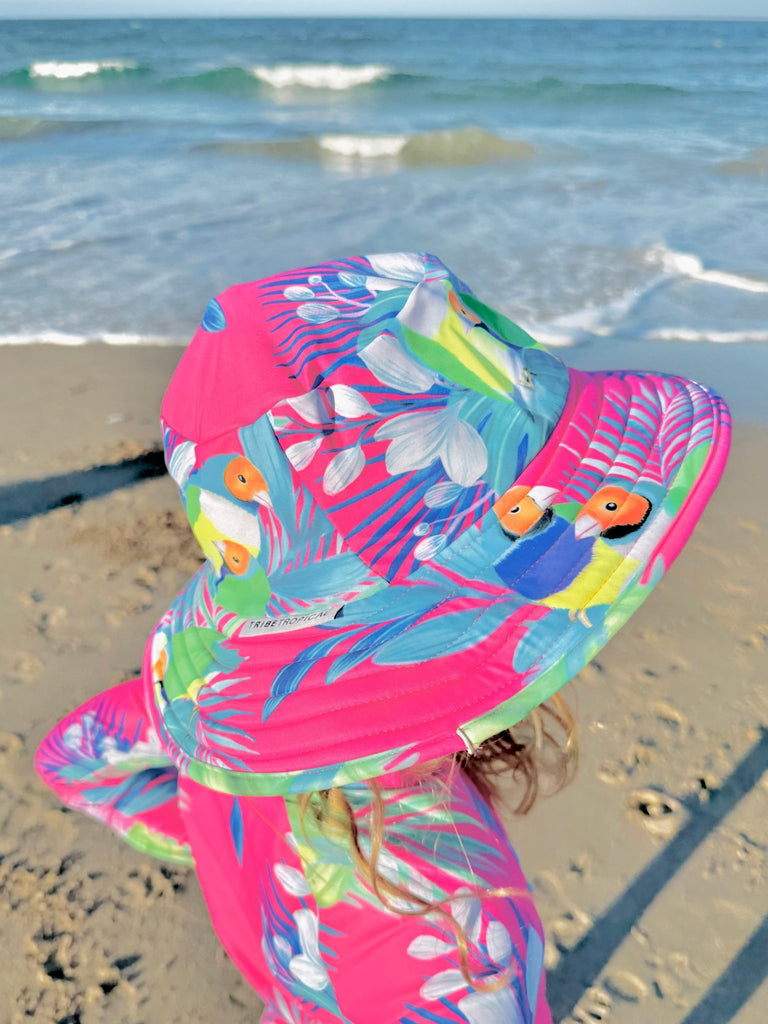 Wide Brim Swim Hat - Finch Fiesta | Bright Pink - Tribe Tropical