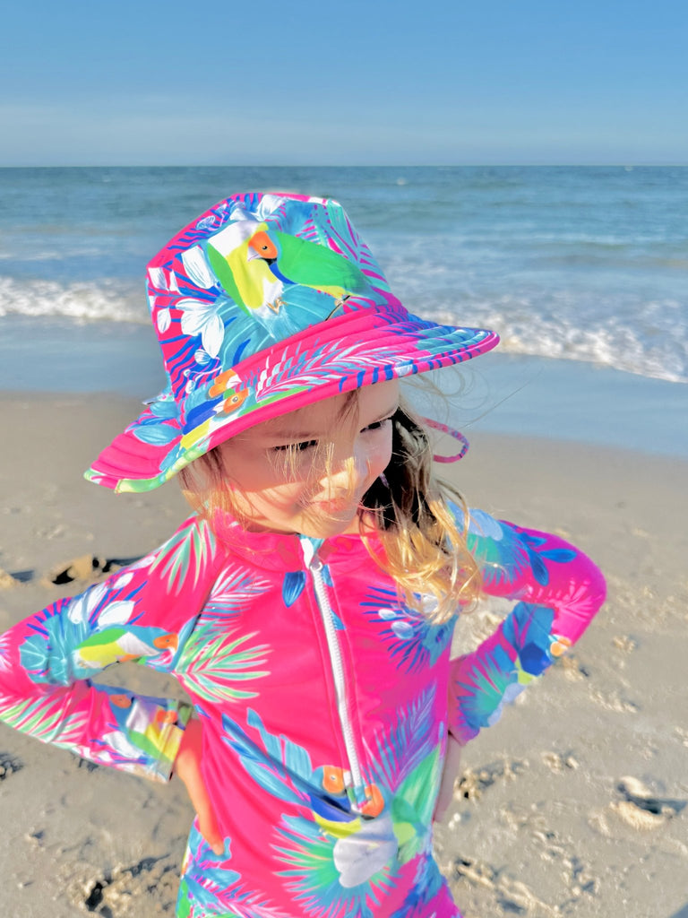 Wide Brim Swim Hat - Finch Fiesta | Bright Pink - Tribe Tropical