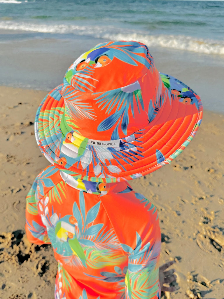 Wide Brim Swim Hat - Finch Fiesta | Neon Orange - Tribe Tropical