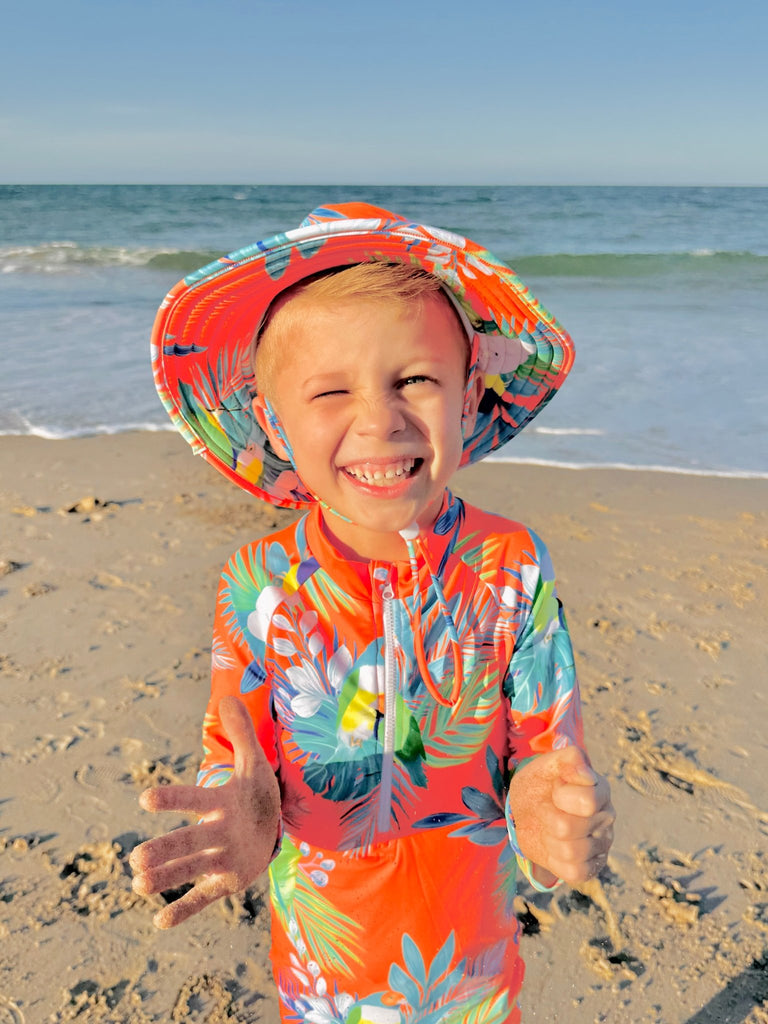 Wide Brim Swim Hat - Finch Fiesta | Neon Orange - Tribe Tropical