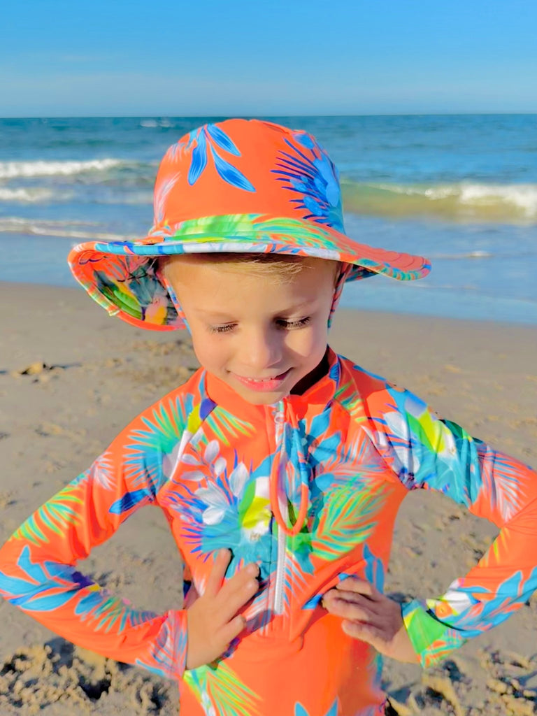 Wide Brim Swim Hat - Finch Fiesta | Neon Orange - Tribe Tropical