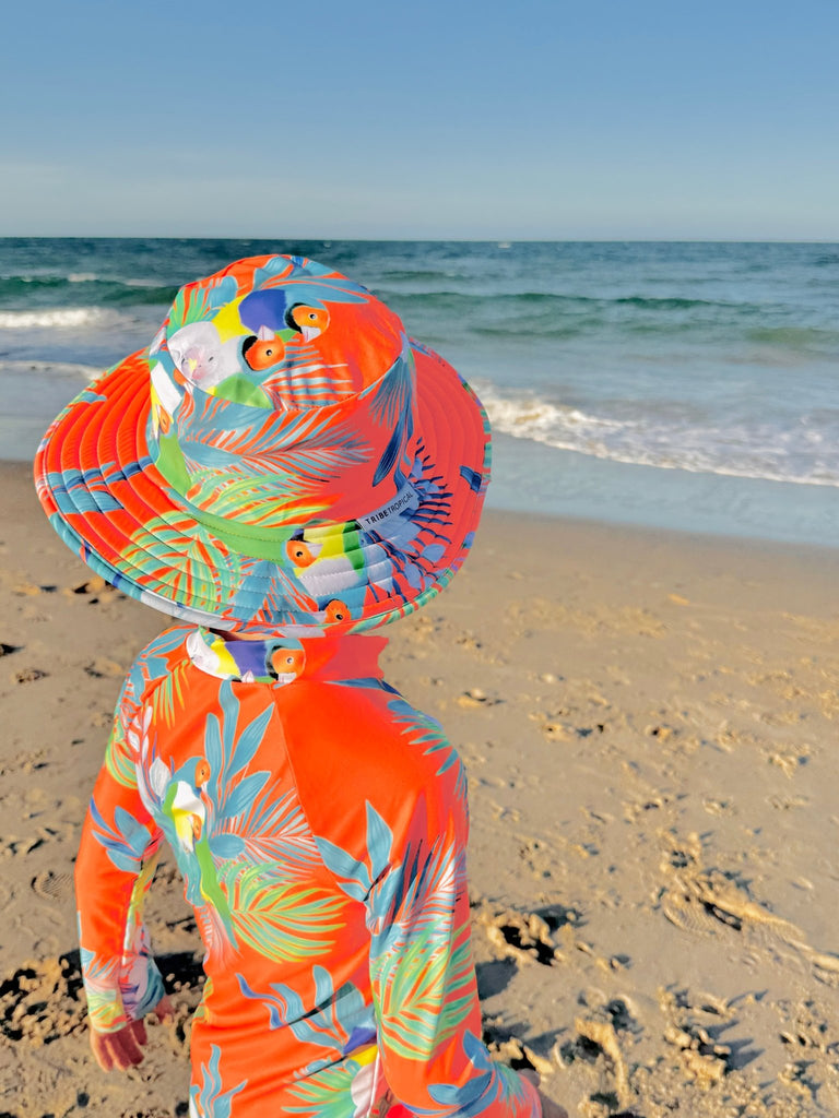 Wide Brim Swim Hat - Finch Fiesta | Neon Orange - Tribe Tropical