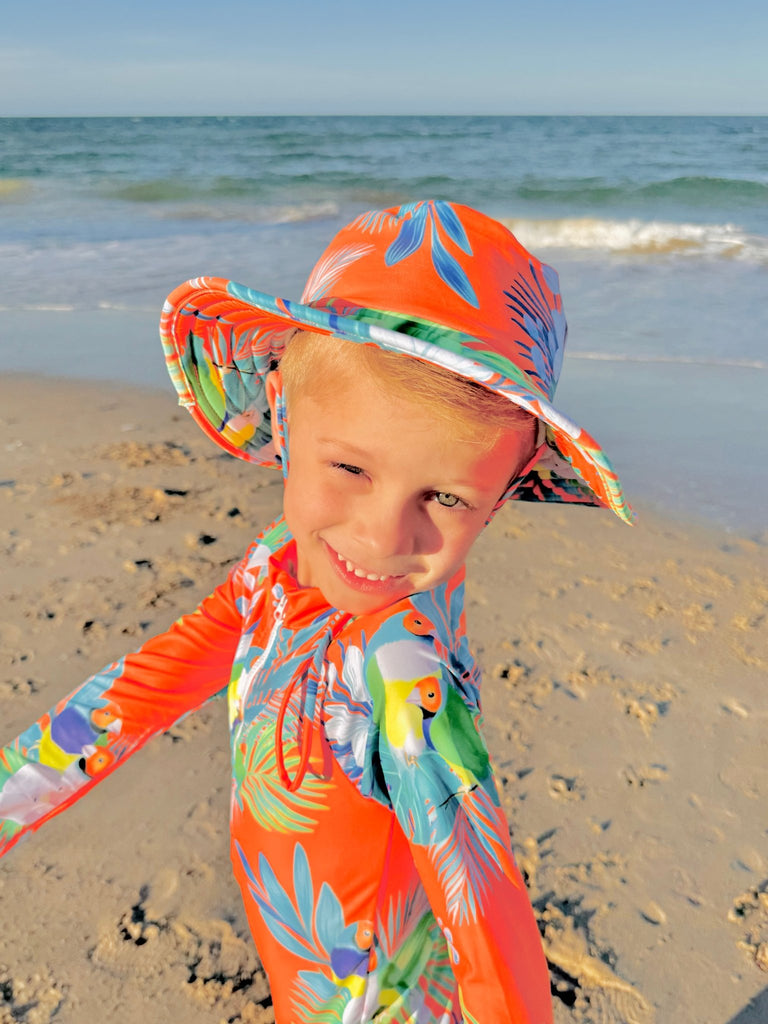 Wide Brim Swim Hat - Finch Fiesta | Neon Orange - Tribe Tropical