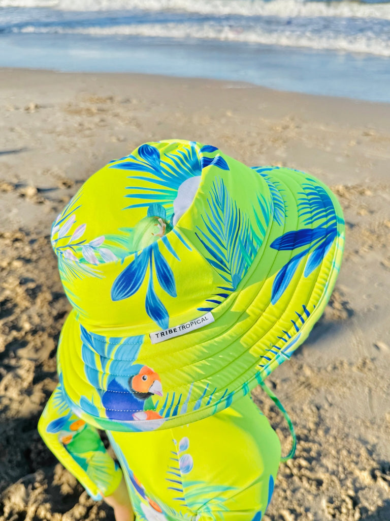 Wide Brim Swim Hat - Finch Fiesta | Neon Yellow - Tribe Tropical