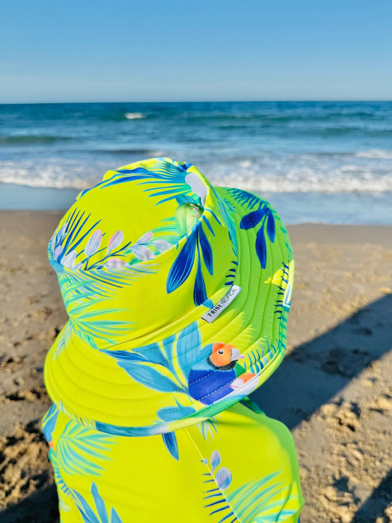 Wide Brim Swim Hat - Finch Fiesta | Neon Yellow - Tribe Tropical