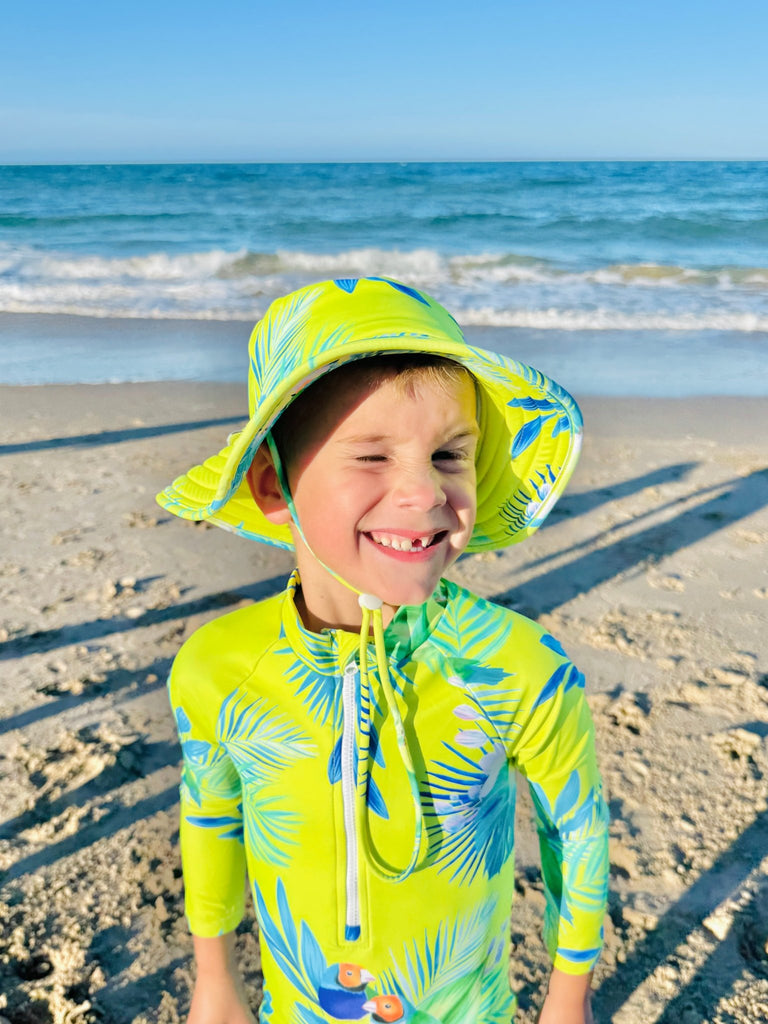 Wide Brim Swim Hat - Finch Fiesta | Neon Yellow - Tribe Tropical