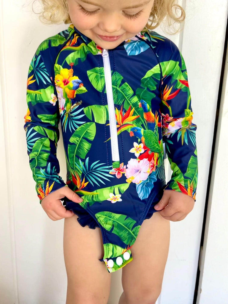 Baby Swimsuit With Snaps (Nappy Change) - Lorikeet Love - Tribe Tropical