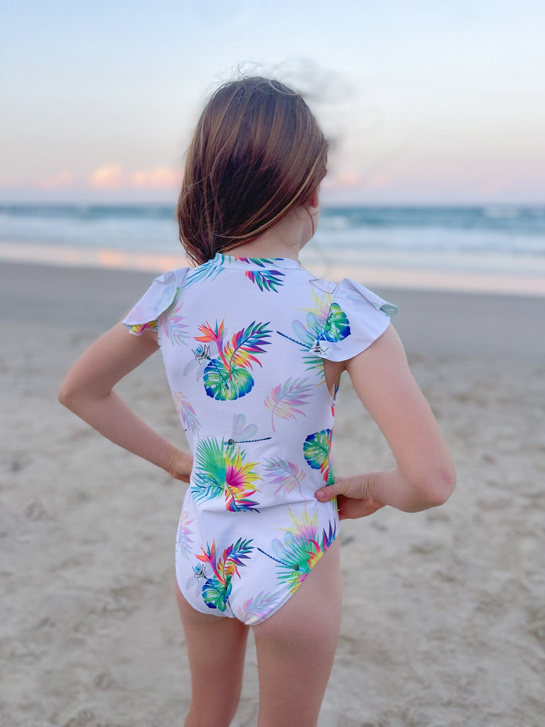 Girls Frill Sleeve Swimsuit - Arnhem Summer - Tribe Tropical