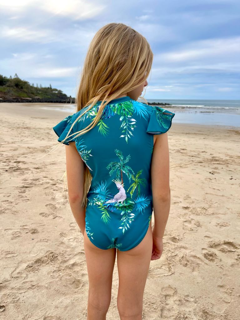Girls Frill Sleeve Swimsuit - Hamilton Island - Tribe Tropical