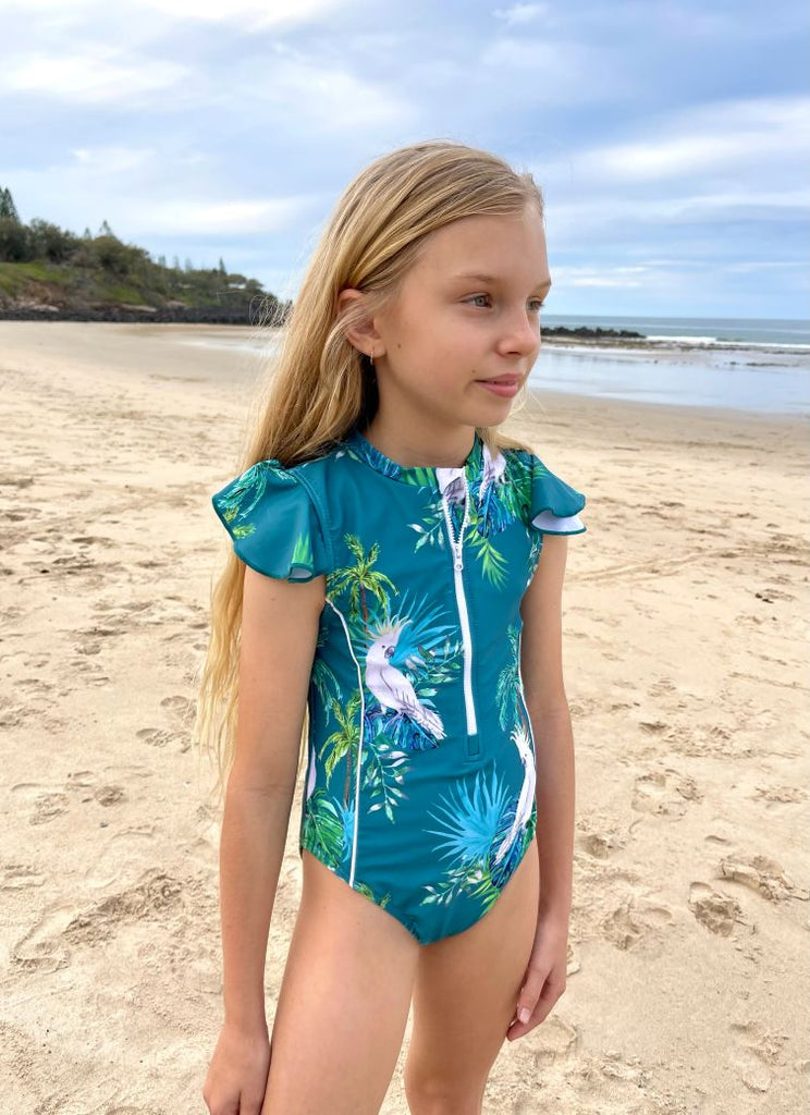 Girls Frill Sleeve Swimsuit - Hamilton Island - Tribe Tropical