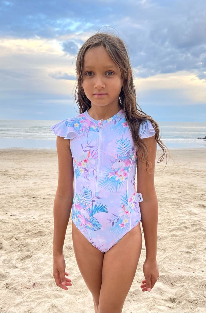 Girls Frill Sleeve Swimsuit - Tropic of Unicorn - Tribe Tropical