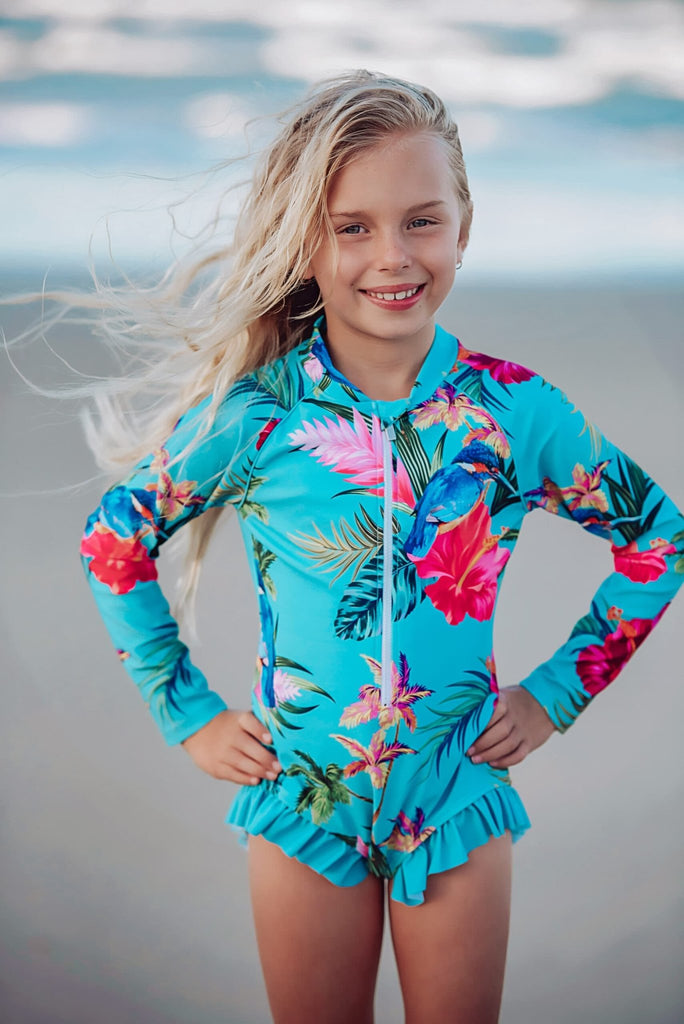 Girls Long Sleeve Swimsuit - Kingfisher Cove - Tribe Tropical