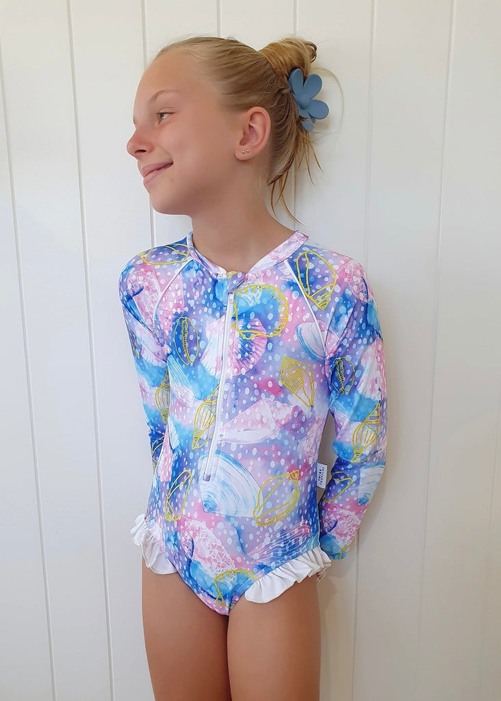 Girls Long Sleeve Swimsuit - Shelly Beach - Tribe Tropical
