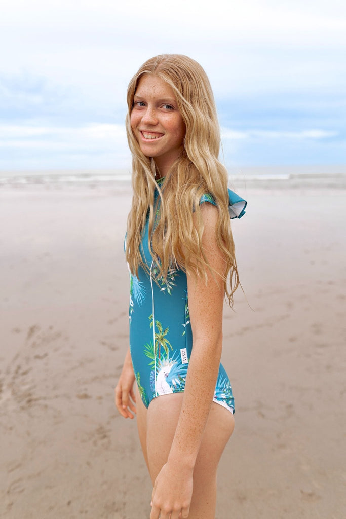 Teen / Tween Girl Frill Sleeve Swimsuit - Hamilton Island - Tribe Tropical