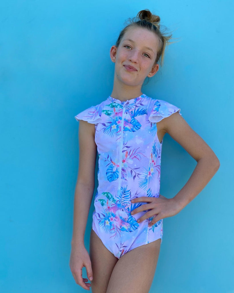 Teen / Tween Girl Frill Sleeve Swimsuit - Tropic of Unicorn - Tribe Tropical
