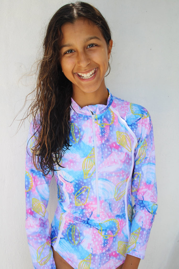 Teenage / Tween Girl Long-Sleeve Swimsuit - Shelly Beach - Tribe Tropical